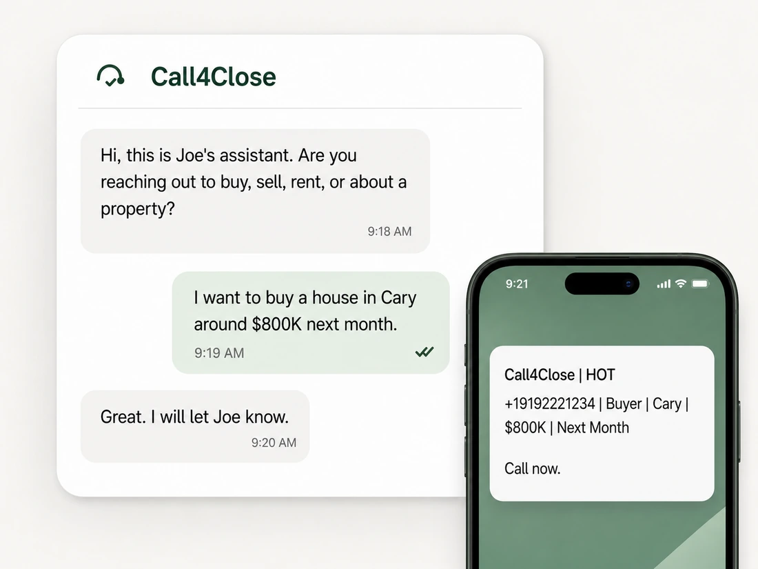 Call4Close texts a missed caller, qualifies the lead, and sends a hot-lead alert to the agent's phone